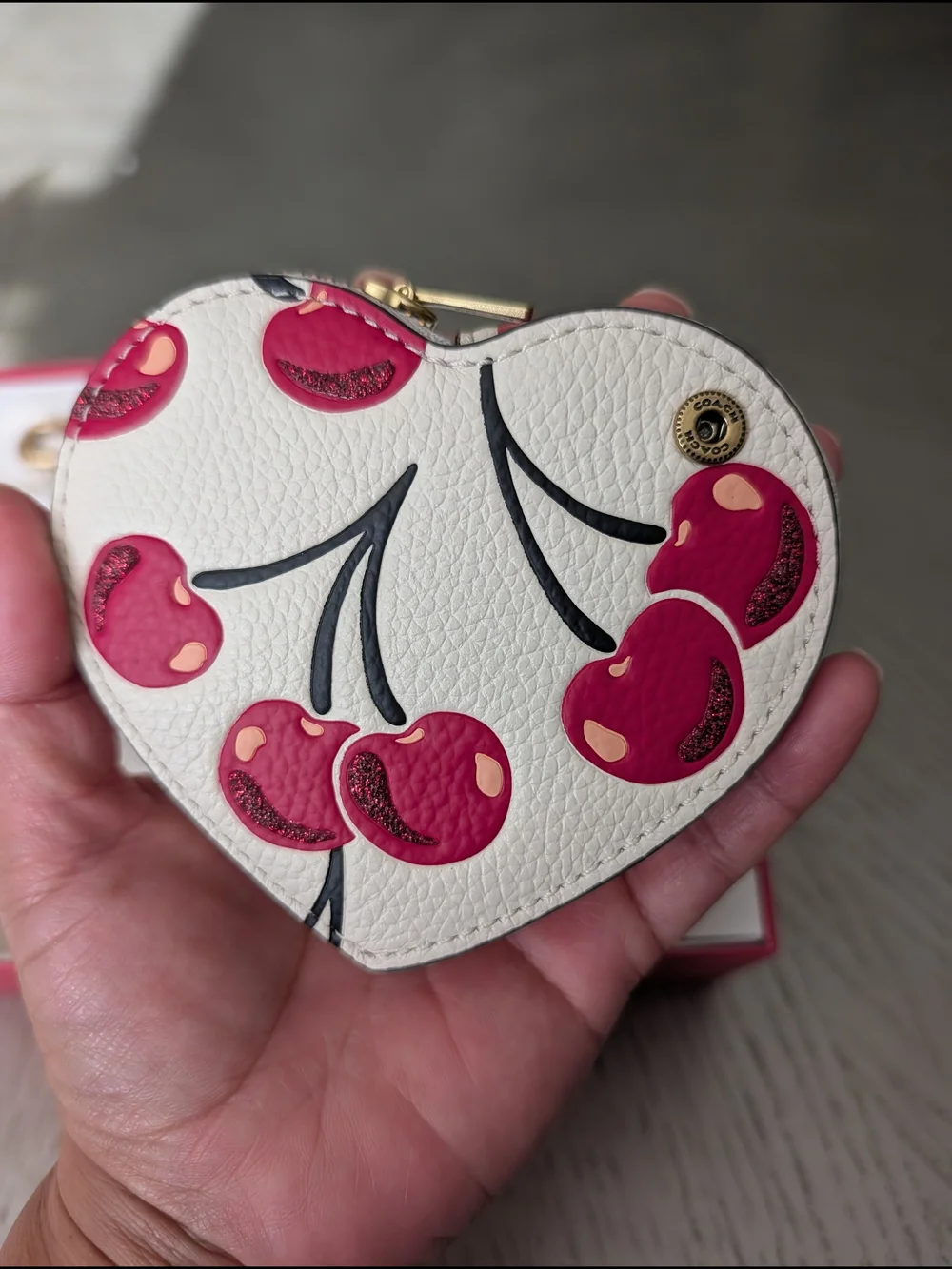 Coach White Cherry Heart Coin Pouch with Keychain